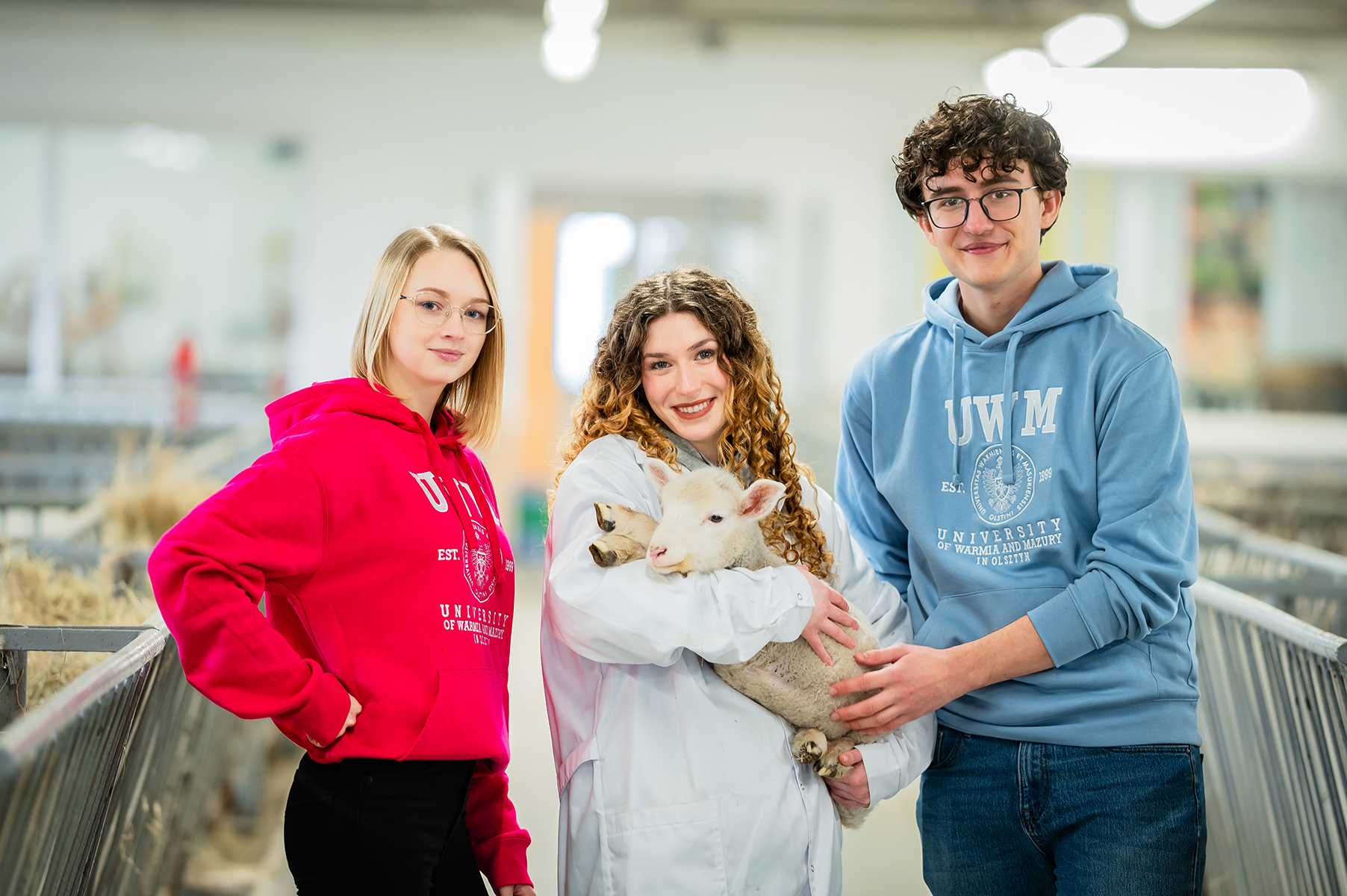 Troje uśmiechniętych studentów w owczarni, z których jeden trzyma na rękach małe jagnię
