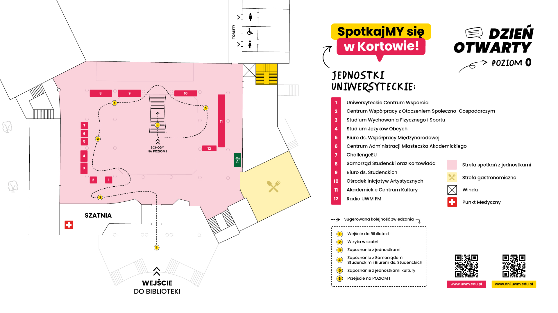 Mapa rozstawienia stoisk podczas dnia otwartego UWM 2026, poziom zero