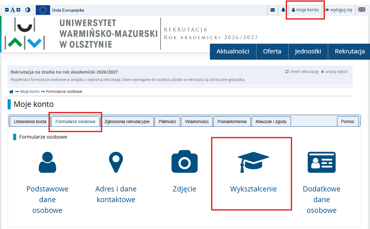 Instrukcja przejścia do zakładki "Wykształcenie"