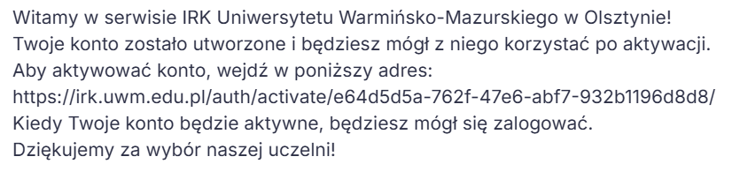 Treść maila z linkiem aktywacyjnym