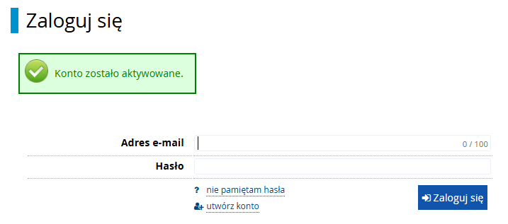 Informacja o aktywowanym koncie w panelu logowania
