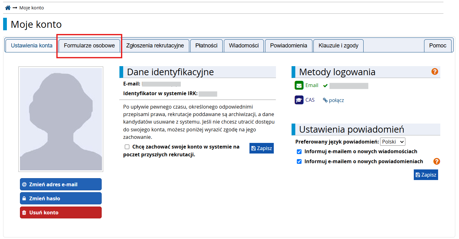 Widok panelu kandydata po zalogowaniu