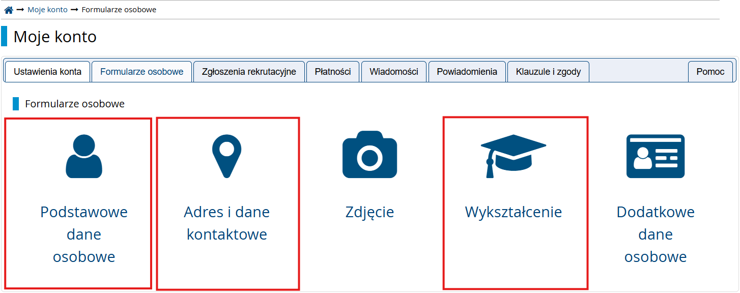 Zakładki, w których należy uzupełnić swoje dane